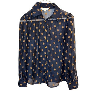 Anthro Modcloth Shirt Sheer Navy Blue & Gold Patterned Button Down Blouse XS